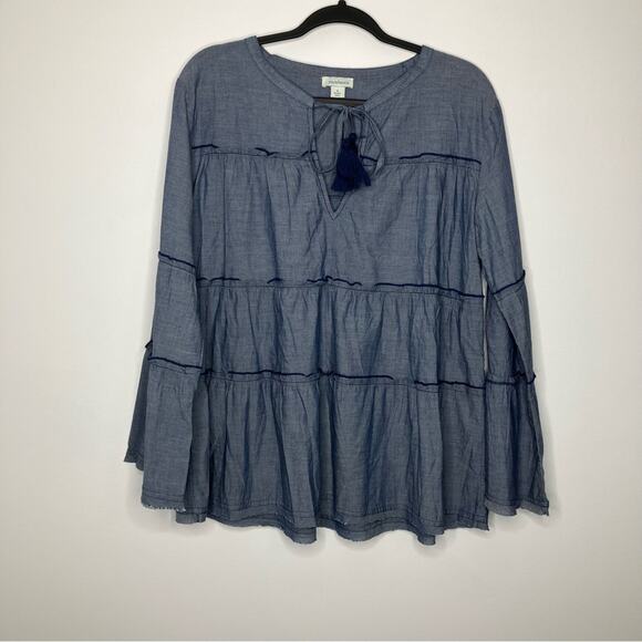 NWOT SUNDANCE Chambray Tiered Long Sleeve Tassel Top Blue Small - Picture 2 of 5